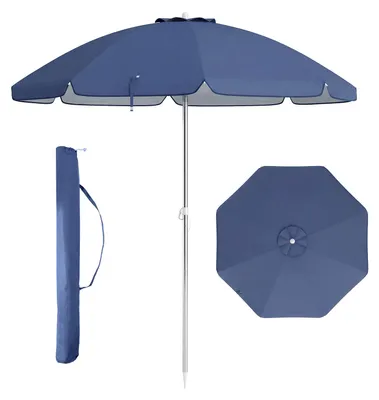 Image de Parasol de plage COSTWAY, 178 cm, résistant au vent, stable, indice UPF 50+, inclinable jusqu'à 30°, avec piquet et sac de transport, parasol de jardin bleu marine