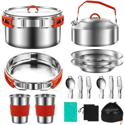 Immagine prodotto di Set di pentole e accessori da campeggio, 17 pezzi, in acciaio inossidabile, per uso all'aperto e in cucina