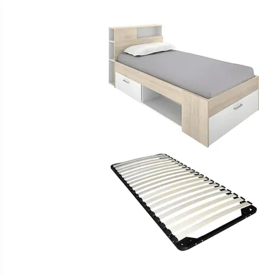 Produktbild von Bett mit Kopfteil, Stauraum & Schublade + Lattenrost - 90 x 190 cm - Weiß und Holzfarben - LEANDRE
