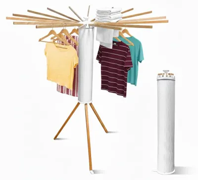 Imagen del producto de Soporte para tender ropa plegable, giratorio, con 16 barras de madera, apto para uso en interiores y exteriores