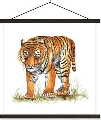 Produktbild von MuchoWow® Textilposter Tiger - Augen - Gras 90x90 cm mit schwarzem Rahmen - Magnetisches