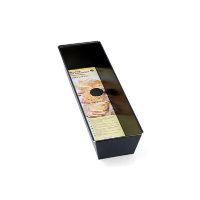 A black loaf pan with a product label attached.
