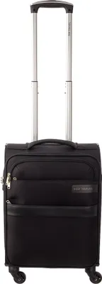 A black carry-on suitcase with a retractable handle and wheels.