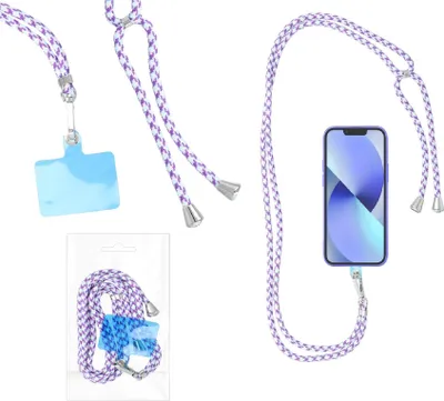 Produktbild von Hakai Handykette Rope Umhängeband für ZTE Blade A32, A31 Lite, A52 165cm lang kürzbar lila Kordel Seil Band+ Hakai Pad