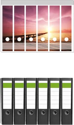 Produktbild von Wallario 6 Stück breite Ordner inkl. Klebeetiketten mit Motive Auf dem Weg zur Sonne  Steg am Meer -  Set mit Rückenschildern / Ordnerrücken Stickern