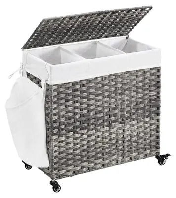 Obrázek produktu pro Koš na prádlo se 3 přihrádkami a kolečky – šedý – 66 x 33 x 60 cm