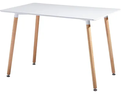 Obrázok produktu pre Obdĺžnikový jedálenský stôl, škandinávsky štýl, moderný dizajn, biela farba, rozmer 110 x 70 x 72 cm, materiál: MDF, nožičky z bukovej preglejky