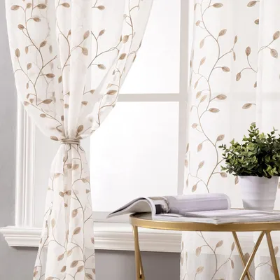 2er-Set bestickte Voile-Gardinen, braun, Blätter, 140x225 cm