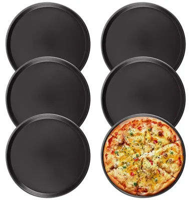 Produktbild von Pizza-Backblech, rund, 30 cm - Antihaftbeschichtung - Kohlenstoffstahl - Edelstahl - 6 Stück - Platzsparende Aufbewahrung - Für die Pizzaherstellung