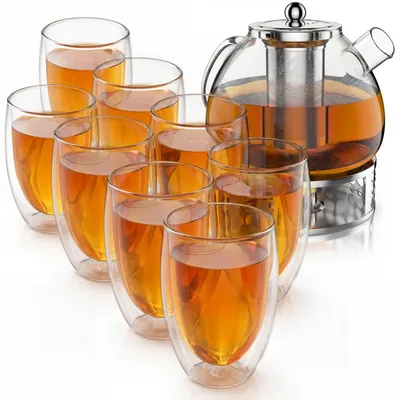Produktbild von Arendo Teekanne 1,5 l mit Edelstahl-Stövchen, Edelstahlsieb und 8 Thermogläsern 450 ml, doppelwandige Gläser ohne Henkel, Glaskanne, 11 Teile, transparent und silberfarben