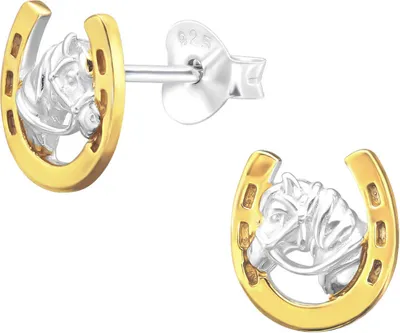 Produktbild von Hufeisen Ohrringe Ohrstecker 925 Sterling Silber mit Pferdekopf teilvergoldet