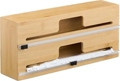 Produktbild von Bambus Folienspender mit integriertem Schneider, doppelte Rollenaufbewahrung, 12x4x3 Zoll, für Schubladen