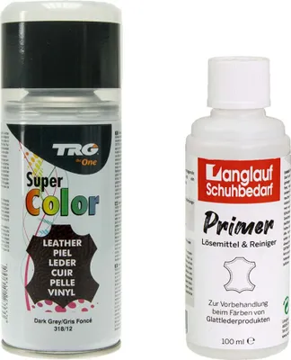 Produktbild von TRG Lederfarbspray 150ml Dose + Primer Lederreiniger 100ml - Color Spray, Farbspray Schnelltrocknend, Abriebfest - zum Färben aller Glattleder und Kunstleder dunkelgrau 318/12