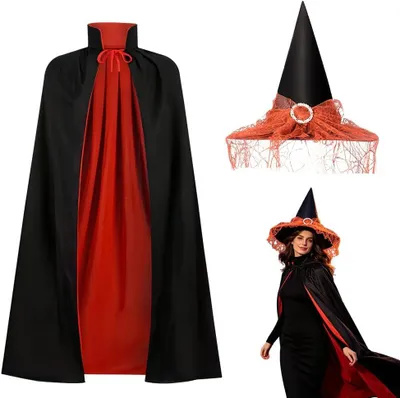 Produktbild von Vampiercape mit Hexenhut, 120 cm, rot und schwarz, für Kostüme