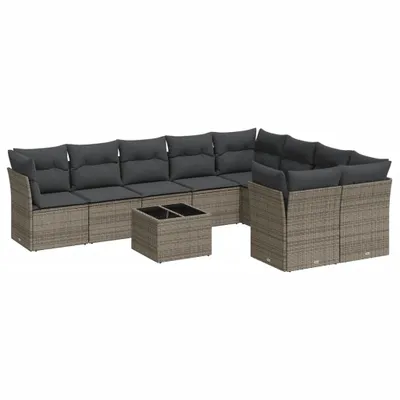Produktbild von 10-tlg. Garten-Sofagarnitur mit Kissen Grau Poly Rattan