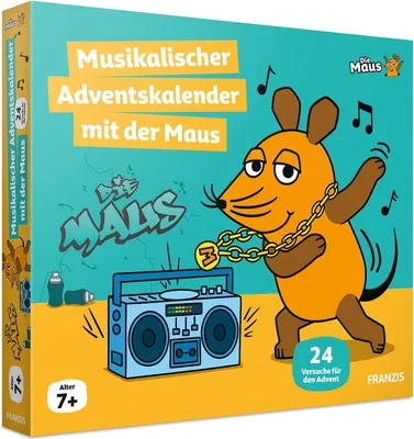 The image shows the front of a "Musikalischer Adventskalender mit der Maus" (Musical Advent Calendar with the Mouse) box. A cartoon mouse character is depicted in a hip-hop style, wearing a large gold chain and dancing next to a boombox. The background fea