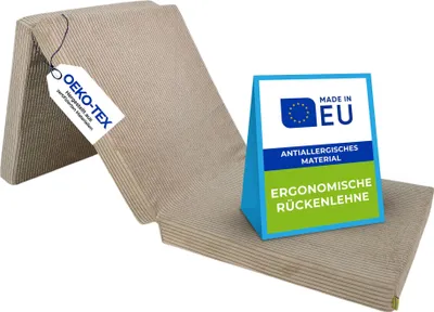A folded mattress with labels indicating its features.