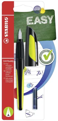 Zdjęcie produktu dla Szkolne pióro wieczne ze stalówką dla początkujących A - STABILO EASYbuddy w kolorze czarnym/limonkowym - kolor pisania niebieski (wymazywalny) - pióro pojedyncze - nabój w zestawie