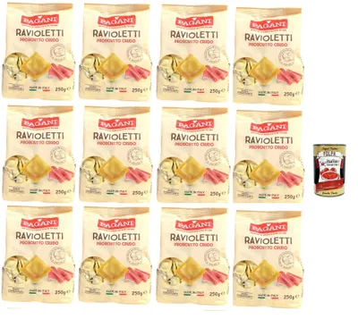 Produktbild von Pagani Ravioletti Prosciutto Crudo, Eiernudeln Pasta mit gehärtetem Schinken gefüllt, 12x 250g + Italian Gourmet polpa 400g