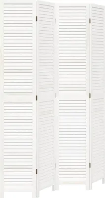 A white, four-panel room divider made of slatted wood.