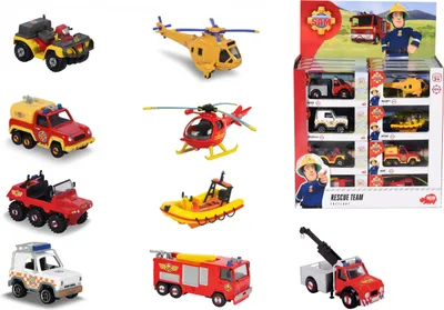 A collage of various toy rescue vehicles and a display box of smaller rescue vehicles, all related to the Fireman Sam brand.
