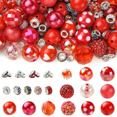 150 Acryl-Bubblegum-Perlen rot, 20 mm, mit Strass-Abstandsperlen