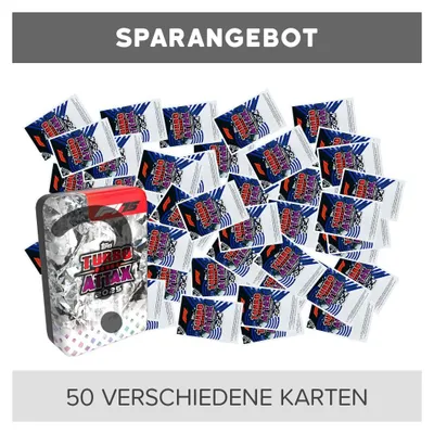 Obrázek produktu pro Topps – Turbo Attax Formule 1 2024 – Sběratelské kartičky – 50 různých náhodných karet + 1 náhodná prázdná plechovka