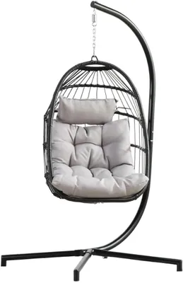 Imagen del producto de Silla colgante de cuerda, color , con cojín de asiento de poliéster gris y estructura negra. Silla colgante para interior y exterior, con capacidad de carga de hasta 120 kg