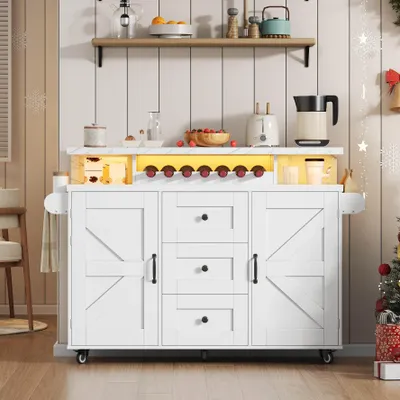 Image de Îlot de cuisine mobile Merax avec plan de travail rabattable, buffet à 5 roulettes et étagère à porte, chariot de service avec casier à bouteilles et porte-verres, blanc