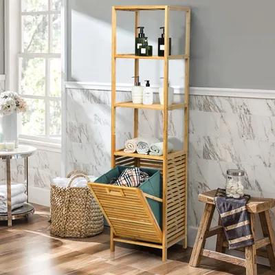 Produktbild von GOPLUS Hochschrank Bambus mit Wäschekorb, Badezimmerschrank mit 3 Fächern, Badschrank für Schlafzimmer & Badezimmer, Badregal, mit Landstil, Natur