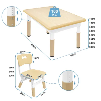 Produktbild von UISEBRT Kindertisch mit 4 Stühlen Höhenverstellbar Kindertischgruppe Holzfarbe Kinder Tischset Plastik Kindermöbel Tisch Stuhl Set Sitzgruppe