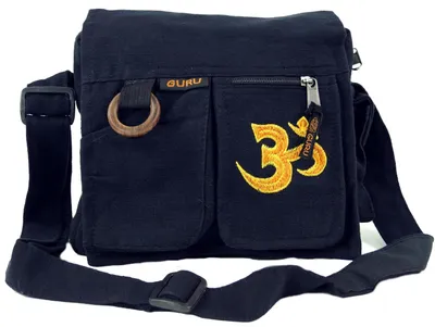 Produktbild von Boho Schultertasche, Hippie Tasche, Vintage Umhängetasche - Om/schwarz, Uni - Erwachsene, Baumwolle, 23*25*7 cm, Alternative Umhängetasche, Handtasche aus Stoff