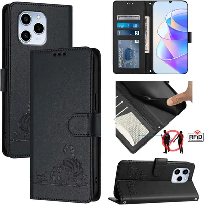 Produktbild von Leder Hülle für Honor 60 SE Süße Katze Flip Case Brieftasche Schutzhülle mit Standfunktion Schwarz