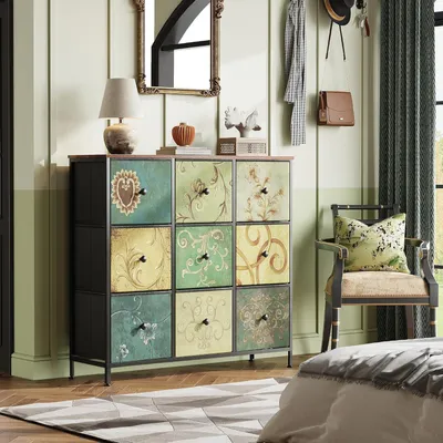 Immagine prodotto di Comodino con 9 cassetti, struttura in metallo, cassetti rivestiti in tessuto, stile vintage, dimensioni 100x30x100 cm