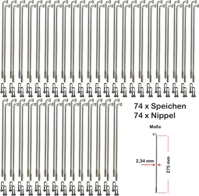 Produktbild von 74 Stück Speichen 275mm verstärkt NIROSTA 2,34mm inkl. Messing Speichennippel