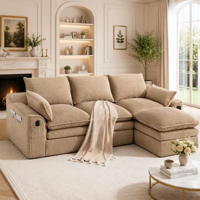 Produktbild von Cordsofa Khaki 3 Sitzer Modular mit Hocker Ecksofa Kleine Wohnlandschaft Couch mit Kissen Seitentaschen Federkern Polstersofa L Form Sofa Wohnzimmer
