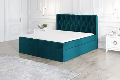 Produktbild von Boxspringbett ESTER 180x200 mit 2 Bettkästen, Bonell-Matratze und Topper. Möbel vom Hersteller- Handarbeit!Bett Komplett-Set mit Matratze,Bettkasten & Kopfteil. Stoff SAMT. Elegantes Bett mit massives Kopfteil.