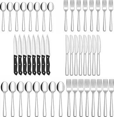 Produktbild von 48-teiliges Besteckset für 8 Personen, Besteckset mit Steakmessern, Bestecksets aus Edelstahl, hochglanzpoliertes Besteck, Messer, Gabeln und Löffel, Besteckset für die Küche, spülmaschinenfest