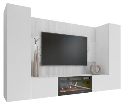 Produktbild von MIRJAN24 Wohnwand Deromi V, Wohnzimmer Möbel Set, mit Kamin, Griffloses Öffnungssystem push to open, 4er-Set (Farbe: Weiß / Weiß + Weiß Marmor)