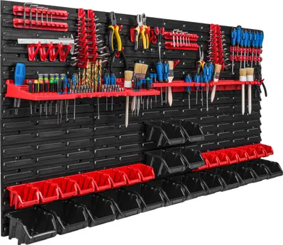 Obrázok produktu pre Skladovací systém dielenský regál | 156 x 78 cm | 32 ks. Box | Nástenný regál s držiakmi na náradie a stohovateľnými boxmi - Nástenné dosky Extra silný regál s otvormi na náradie Skladový regál Garážový regál