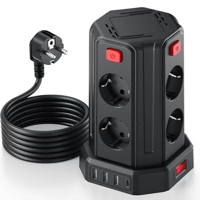 Productafbeelding van Stekkerblok Toren met 8 Stopcontacten en 4 USB Poorten, 3 Meter Kabel