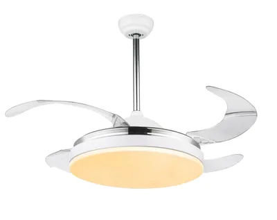 Produktbild von Globo Lighting Ventilator Metall weiß, verchromt, Acryl opal, Acryl klar, Farben fixierbar, Memoryfunktion, Fernbedienung, Batterie inkludiert 2x AAA,, max. Motorleistung 60W, optimale Raumnutzung 20m², Abkühlung, Geschwindigkeitsstufen 180/215/240 RPM, ø: 1000mm, H: 625mm, inkl. LED 36W 230V, 3600lm Source, 2180lm Output, CCT 3000/4000/6000K, zusätzliche Daten: Flügel einklappbar
