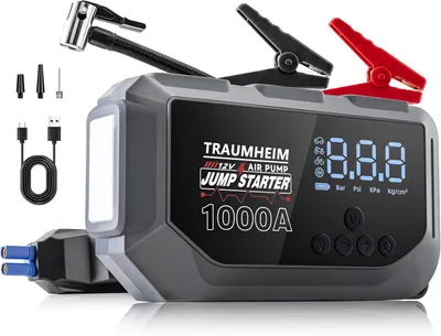 Produktbild von 4-in-1 Starthilfe Starthilfekabel 1000A 6000mAh, 150PSI Luftkompressor Jump Starter USB Autobatterie Power Bank LED(-20°C bis 60°C) für Auto, Motorrad