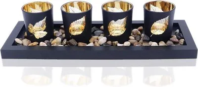 Produktbild von Famanu Kerzenhalterset mit Holztablett und 4 Gläsern - Blattmotiv