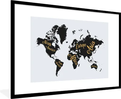 Obrázok produktu pre MuchoWow® Zarámovaný plagát Mapa sveta - Písmená - zlaté 90x60 Nástenný plagátový rám Fotky