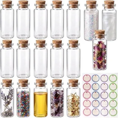 Productafbeelding van Set van 18 mini-glazen flesjes (40 ml) met kurk voor het vullen van lege kleine flessen, kruidenpotjes, wensflessen