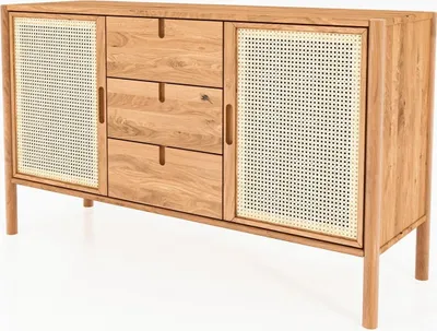 Produktbild von Kommode Zola Wildeiche massiv  142x84 cm mit 2 Türen mit Rattan und 3 Schubladen