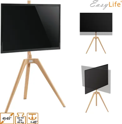 Image de EasyLife - Tripode en bois STAFFELEI Trépied TV 45 à 65 pouces, Pivotant & Réglable en hauteur - VESA jusqu'à 400x400 (Blanc/ Hêtre)