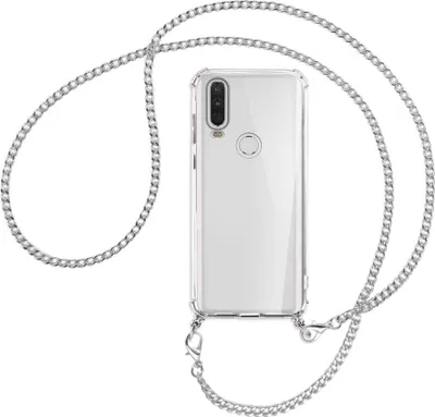 Produktbild von Handykette Backcover-Schutzhülle mit Band (Metall silberfarben) für Motorola One Action - silberfarbene Kette