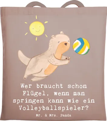 Produktbild von Mr. & Mrs. Panda Tote Bag Volleyball Sprung - Braun Pastell - Geschenk, Stoffbeutel, Spaß, Schnelligkeit, körperliche Fitness, Laptoptasche, Sportler, Sportart, Teamsport